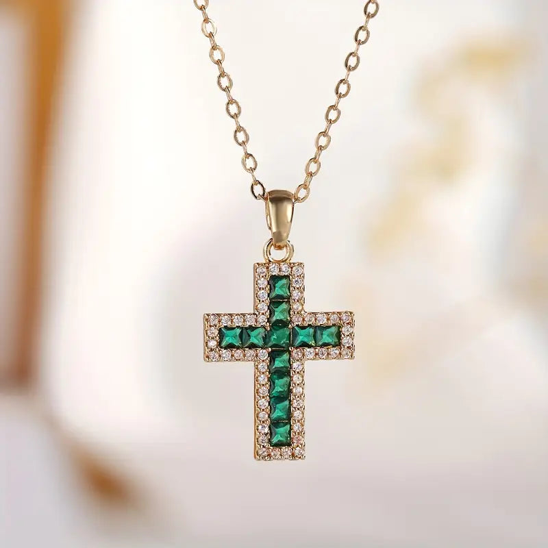 Gold Necklace with Emerald Cross Pendant Solene
