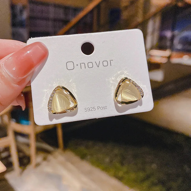Sophisticated Triangular Opal and Crystal Earrings