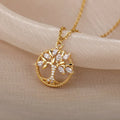 Gold Necklace with Tree of Life Pendant and Crystals